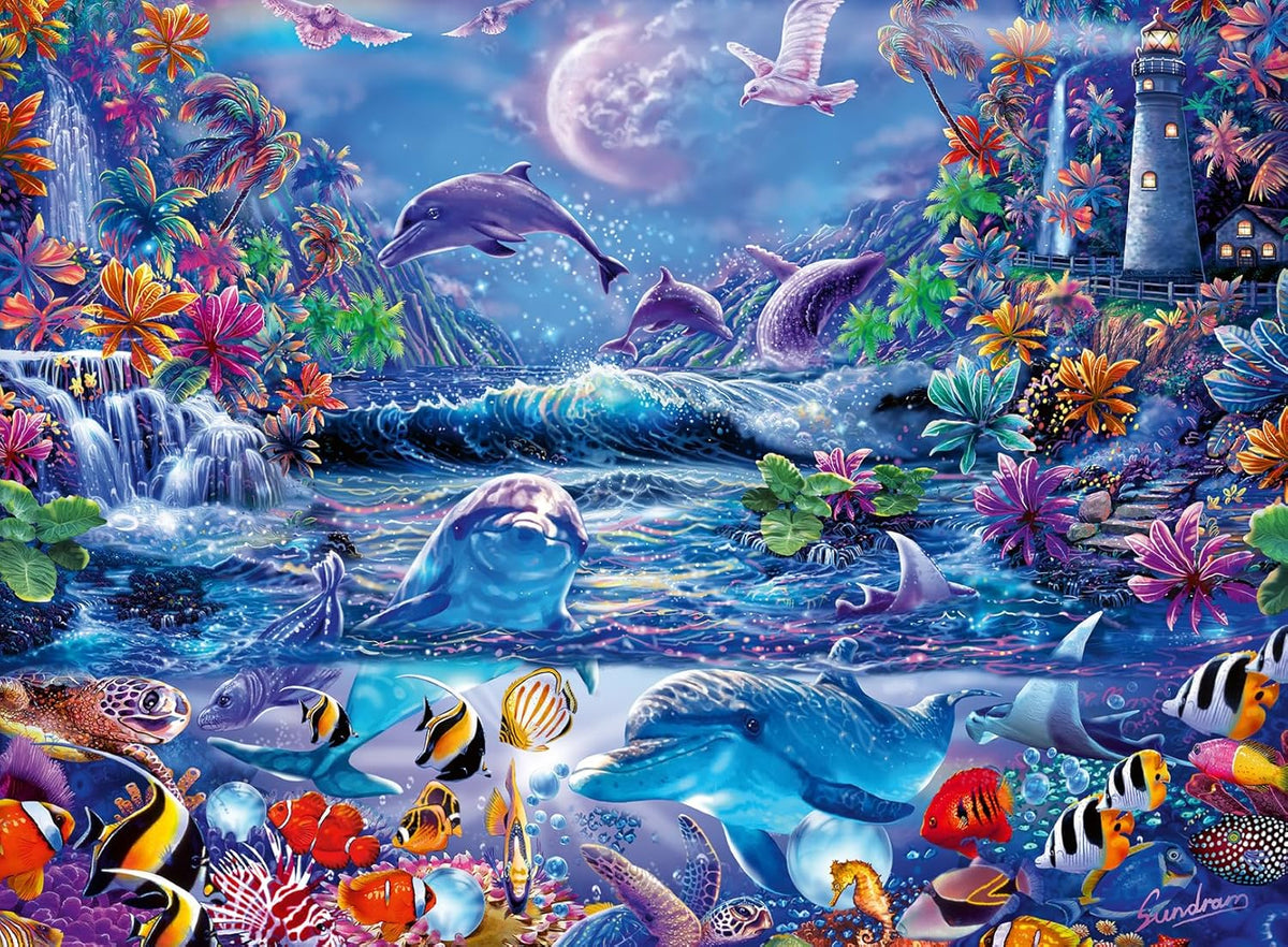 ravensburger moonlit magic glow in the dark jigsaw puzzle of Colorful underwater scene with dolphins, fish, and a lighthouse.