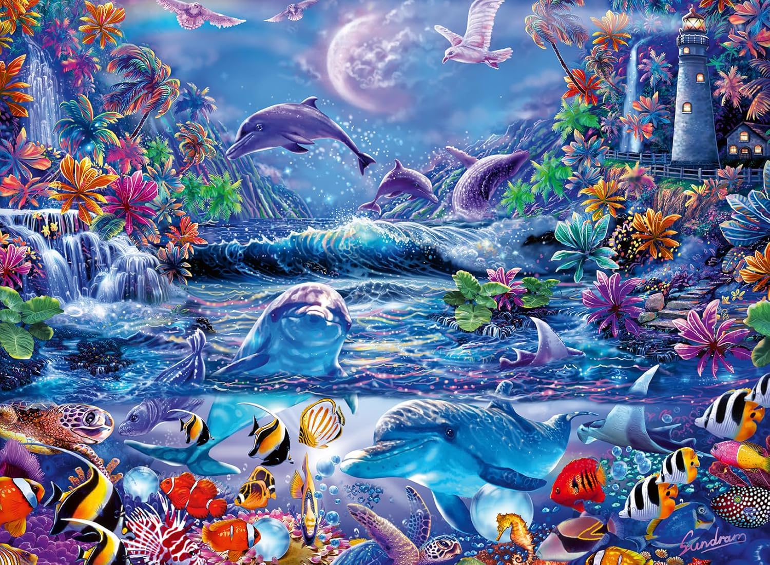 ravensburger moonlit magic glow in the dark jigsaw puzzle of Colorful underwater scene with dolphins, fish, and a lighthouse.