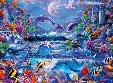 ravensburger moonlit magic glow in the dark jigsaw puzzle of Colorful underwater scene with dolphins, fish, and a lighthouse.