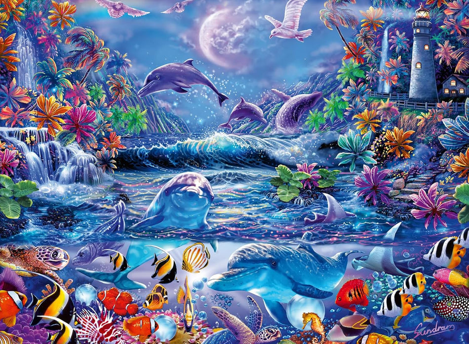 ravensburger moonlit magic glow in the dark jigsaw puzzle of Colorful underwater scene with dolphins, fish, and a lighthouse.