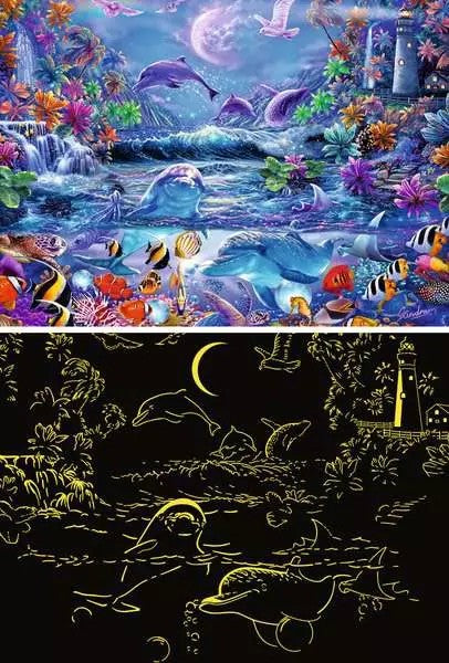 ravensburger moonlit magic jigsaw puzzle of an underwater scene with dolphins and fish, and a black version with glowing outlines.