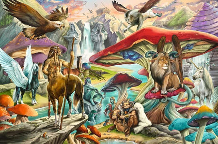 ravensburger mushrooms & myths jigsaw puzzle featuring Colorful fantasy scene with mythical creatures