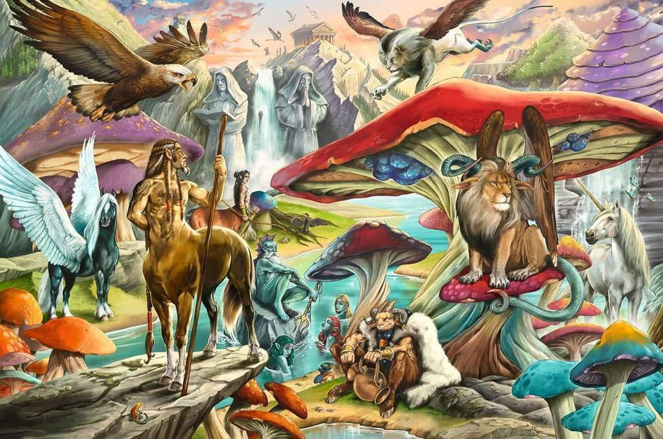 ravensburger mushrooms & myths jigsaw puzzle featuring Colorful fantasy scene with mythical creatures