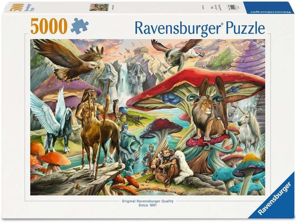 Ravensburger mushrooms & myths jigsaw puzzle box with fantasy scene featuring animals and mushrooms