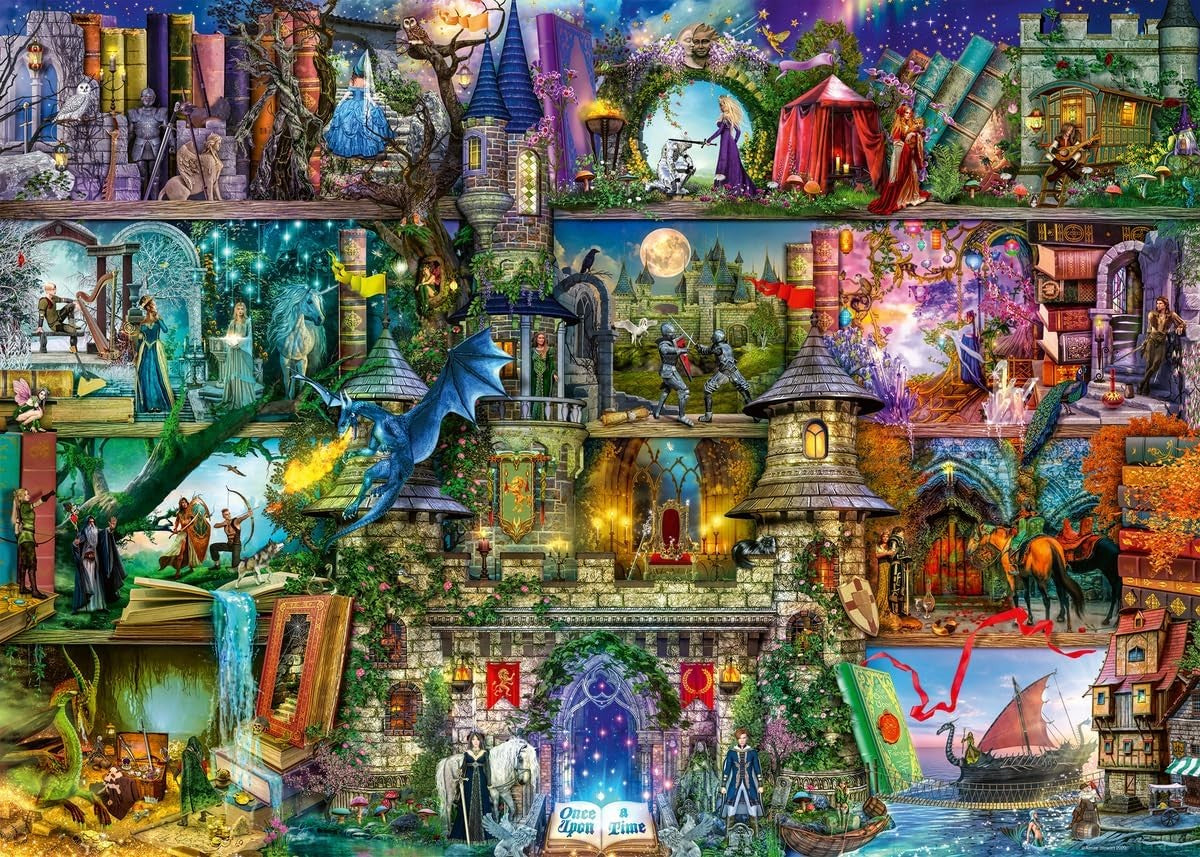 ravensburger myths and legends 1000-piece jigsaw puzzle Collage of fantasy-themed illustrations with castles, dragons, and magical elements. 