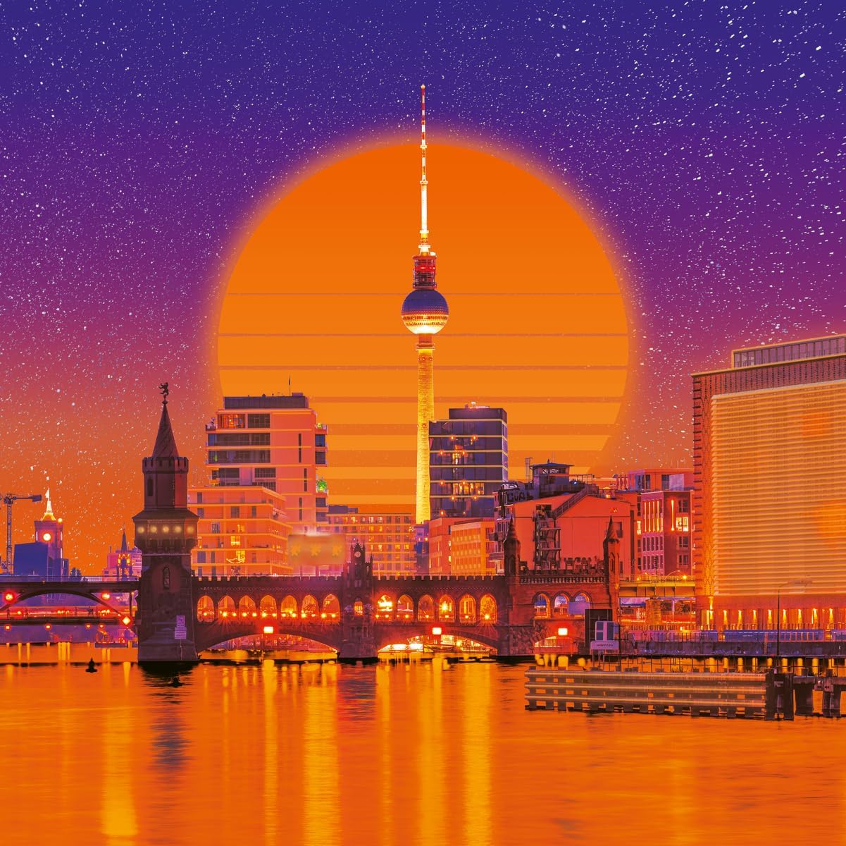 A ravensburgewr jigsaw puzzle of a neon stylized Berlin city skyline at sunset with a large glowing orange sun, purple starry sky, and orange reflections on water. Prominent buildings include a tall tower in the center, a bridge with lit arches, and modern office structures.
