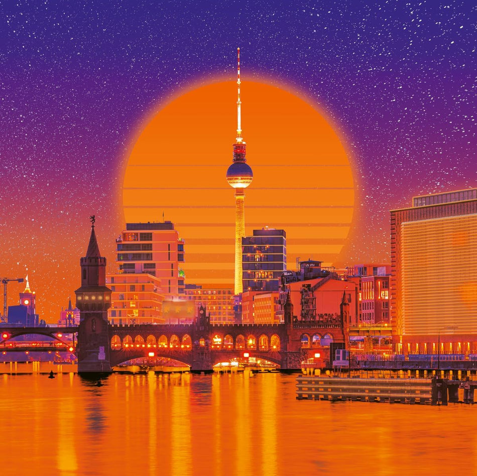 A ravensburgewr jigsaw puzzle of a neon stylized Berlin city skyline at sunset with a large glowing orange sun, purple starry sky, and orange reflections on water. Prominent buildings include a tall tower in the center, a bridge with lit arches, and modern office structures.