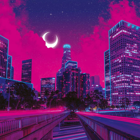 ravensburger neon los angeles jigsaw puzzle cityscape at night with tall skyscrapers, a bridge in the foreground, and a bright pink and purple sky with a crescent moon and stars.