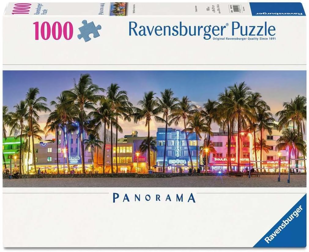 Ravensburger puzzle box with a scenic view of colorful buildings and palm trees at night.
