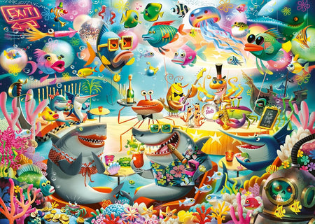 ravensburger ocean lounge jigsaw puzzle of Colorful cartoon underwater scene with various sea creatures and objects.
