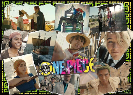 ravensburger "looking for the one piece" jigsaw puzzle featuring Collage of images with a central 'Pirate Life' graphic over "One Piece"