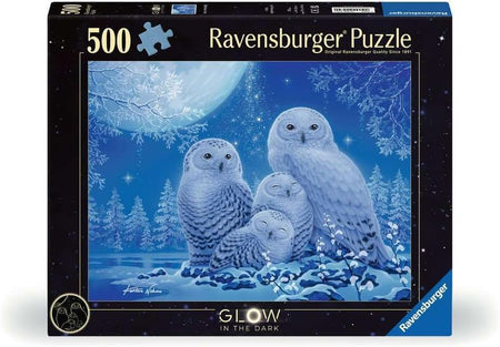 Ravensburger puzzle box with three snowy owls on a blue background