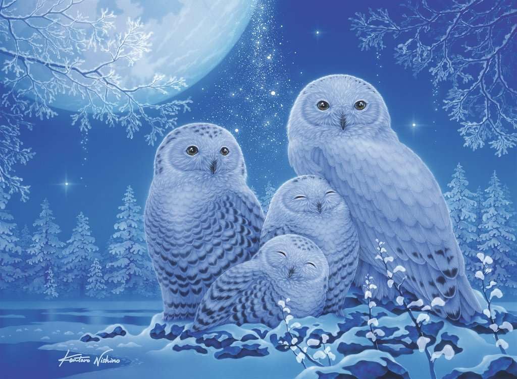ravensburger glow in the dark owls in moonlight jigsaw puzzle of Four snowy owls in a winter landscape with a full moon and stars.