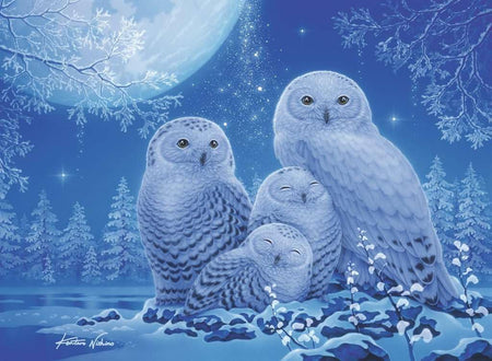 ravensburger glow in the dark owls in moonlight jigsaw puzzle of Four snowy owls in a winter landscape with a full moon and stars.