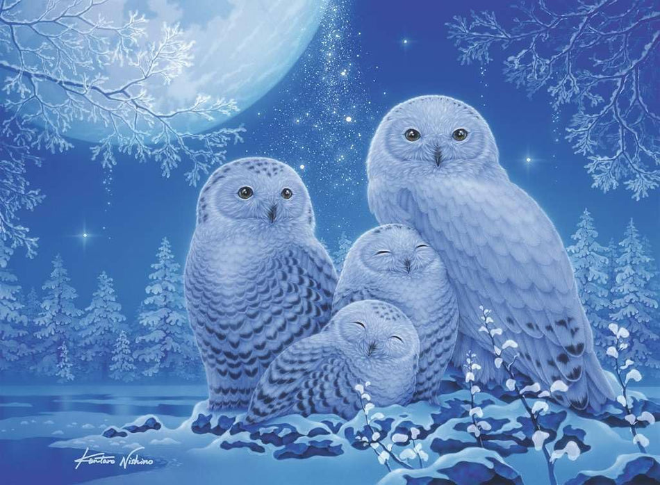 ravensburger glow in the dark owls in moonlight jigsaw puzzle of Four snowy owls in a winter landscape with a full moon and stars.