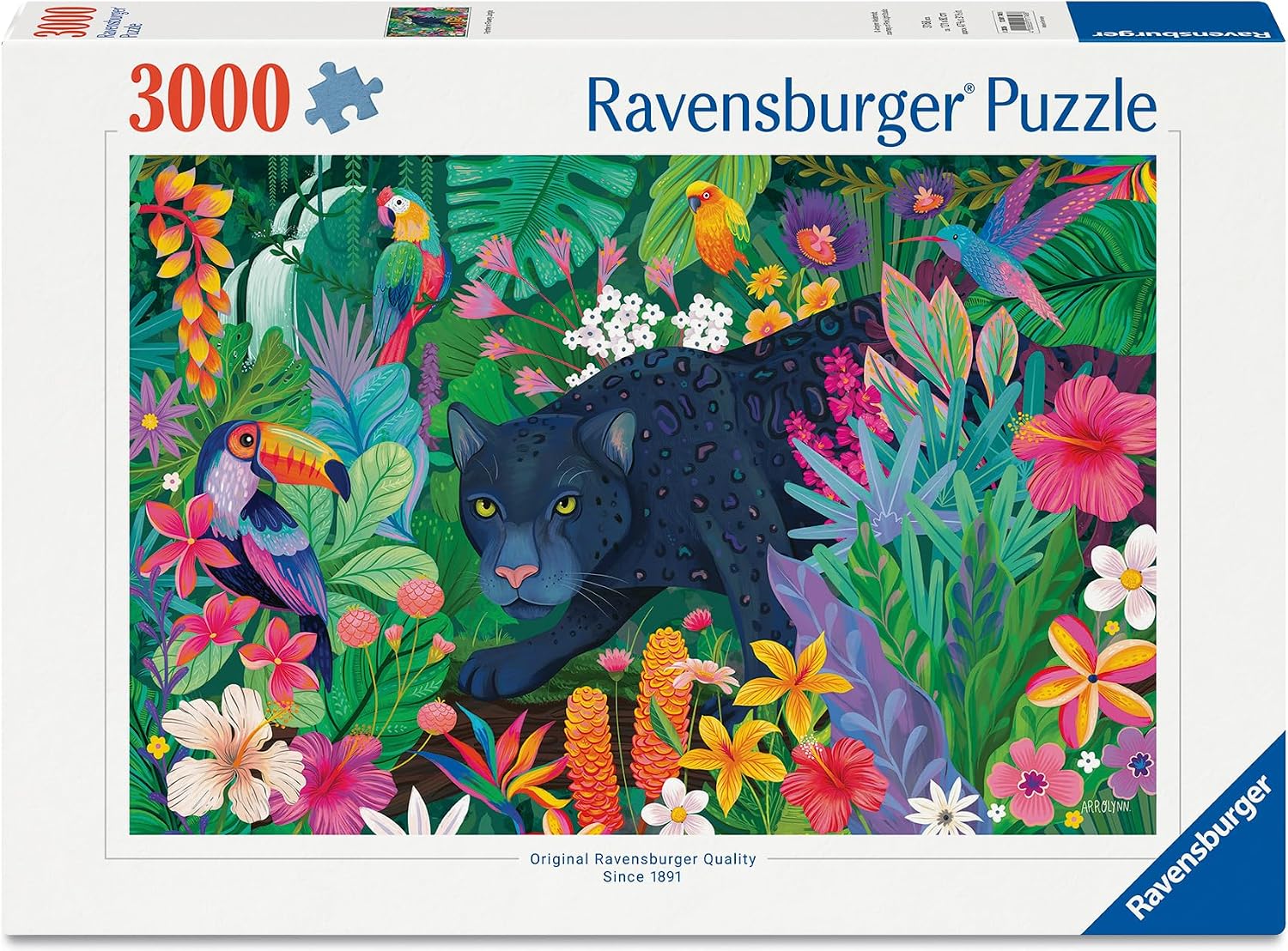 colorful ravensburger panther in flowery jungle jigsaw puzzle box of black panther surrounding by assorted flora and fauna 