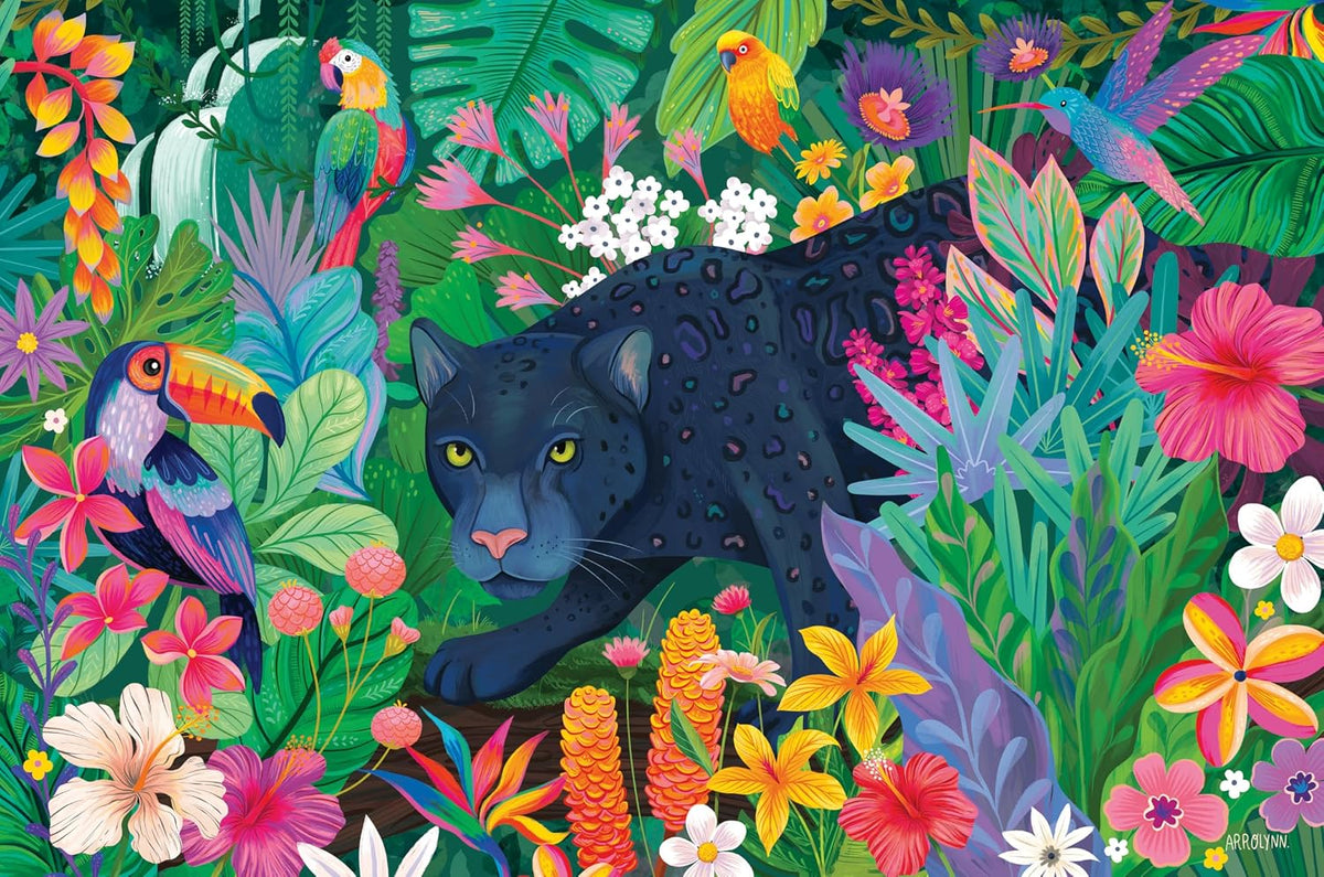 colorful ravensburger panther in flowery jungle jigsaw puzzle with black panther surrounding by assorted flora and fauna 