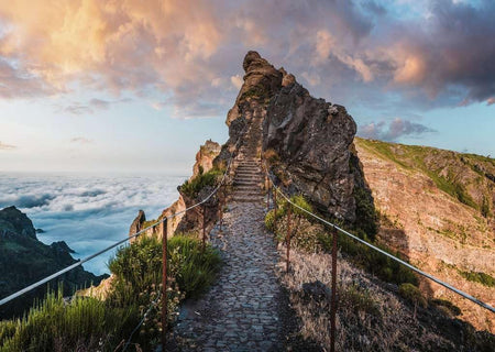 ravensburger pathway to heaven jigsaw puzzle of Stairway leading up a rocky cliff with a scenic view of clouds and mountains.