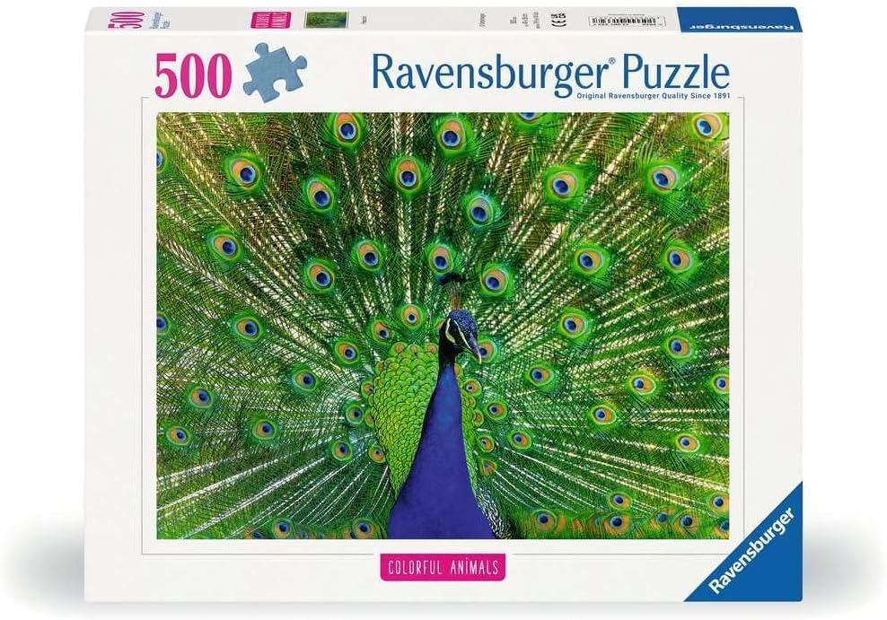 Ravensburger puzzle box with a peacock design on a white background