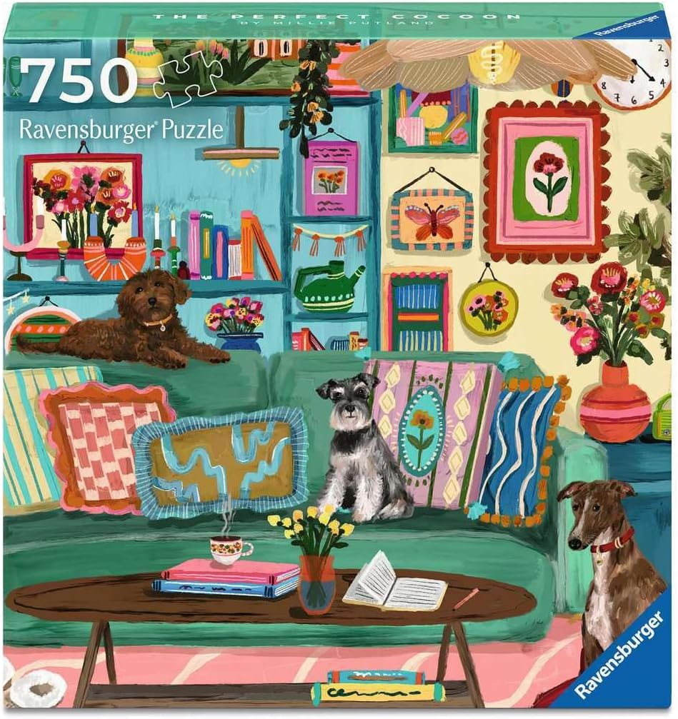 Ravensburger puzzle box with a colorful living room scene featuring dogs and furniture.
