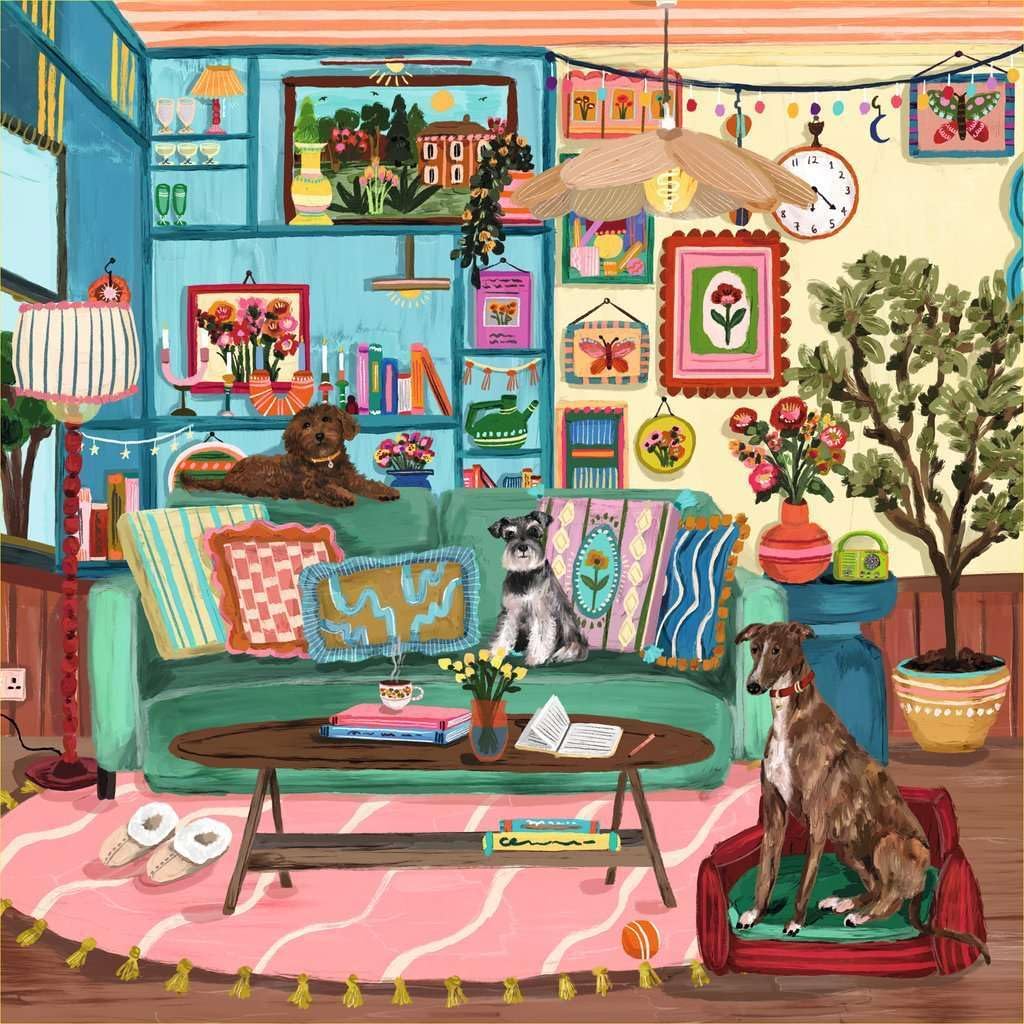 ravensburger perfect cocoon jigsaw puzzle of Colorful living room with dogs and various decor elements