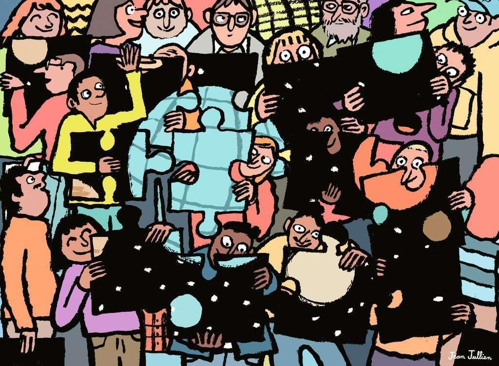 500-piece ravensburger jigsaw puzzle of "puzzle community" featuring cartoon people from around the world holding puzzle pieces