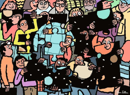 500-piece ravensburger jigsaw puzzle of "puzzle community" featuring cartoon people from around the world holding puzzle pieces