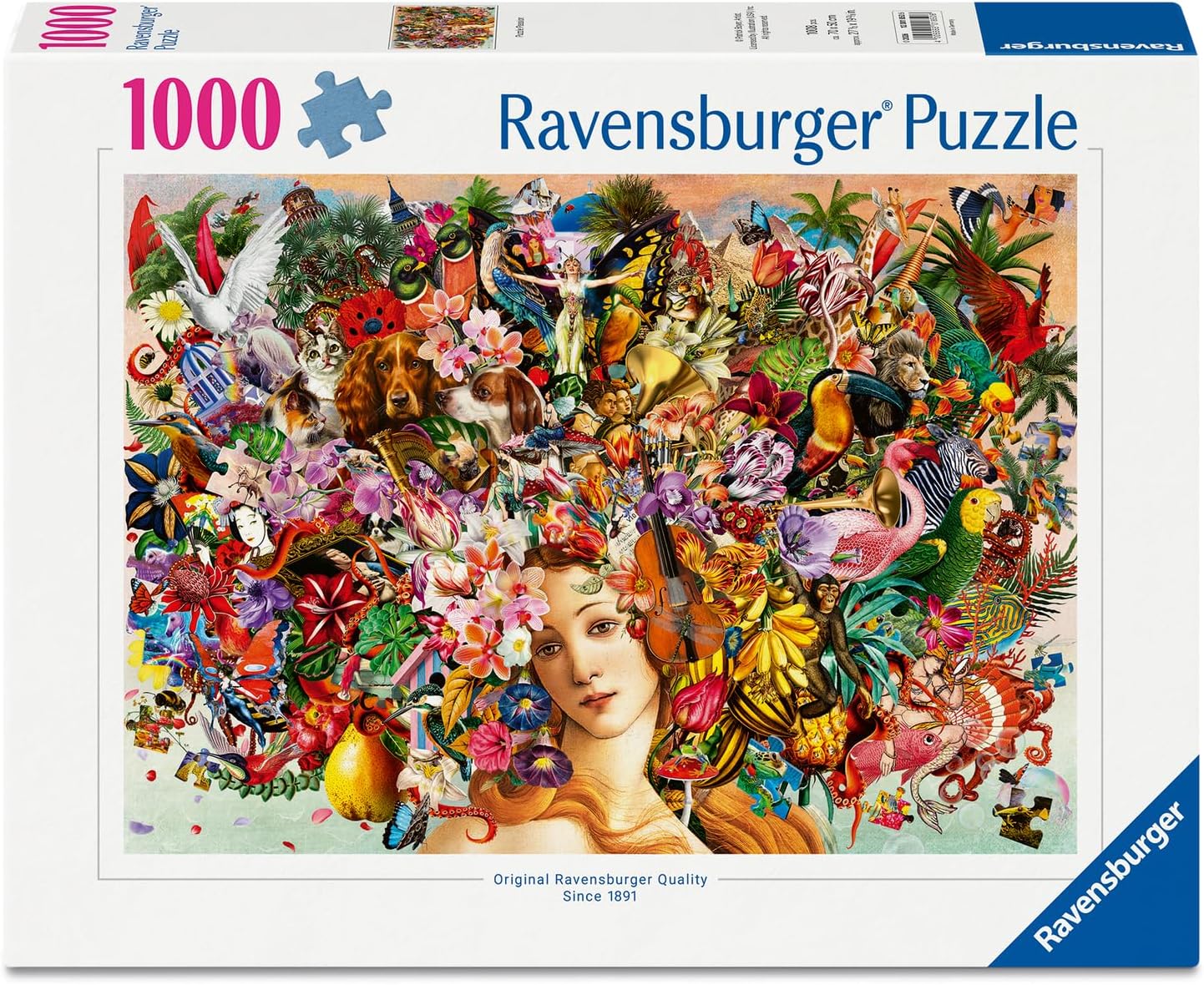 Ravensburger jigsaw puzzle box with a colorful design of a woman's face surrounded by flowers, animals, and objects