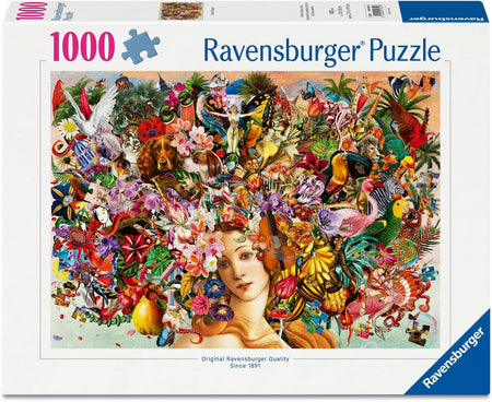 Ravensburger jigsaw puzzle box with a colorful design of a woman's face surrounded by flowers, animals, and objects