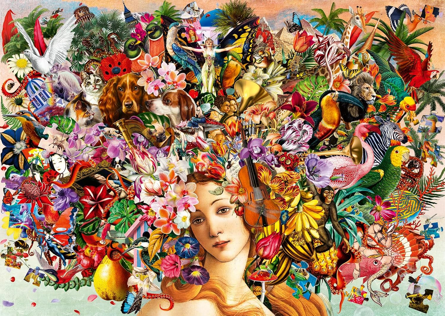 ravensburger puzzle passion jigsaw puzzle Collage of a woman's face surrounded by colorful animals, flowers, and objects.