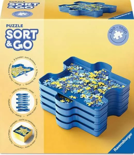 ravensburger jigsaw puzzle sort and go box featuring image of blue trays used for sorting puzzle pieces
