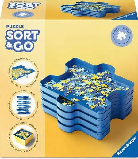 ravensburger jigsaw puzzle sort and go box featuring image of blue trays used for sorting puzzle pieces
