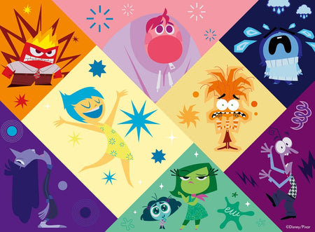 Colorful ravensburger inside out 2: puzzling emotions jigsaw puzzle of the cartoon characters in a grid pattern with various expressions and colors.