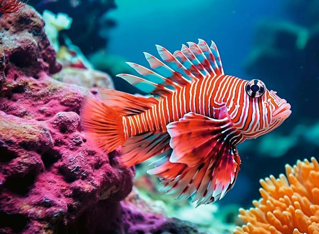 ravensburger red lionfish jigsaw puzzle of a Red and white striped lionfish swimming near coral 