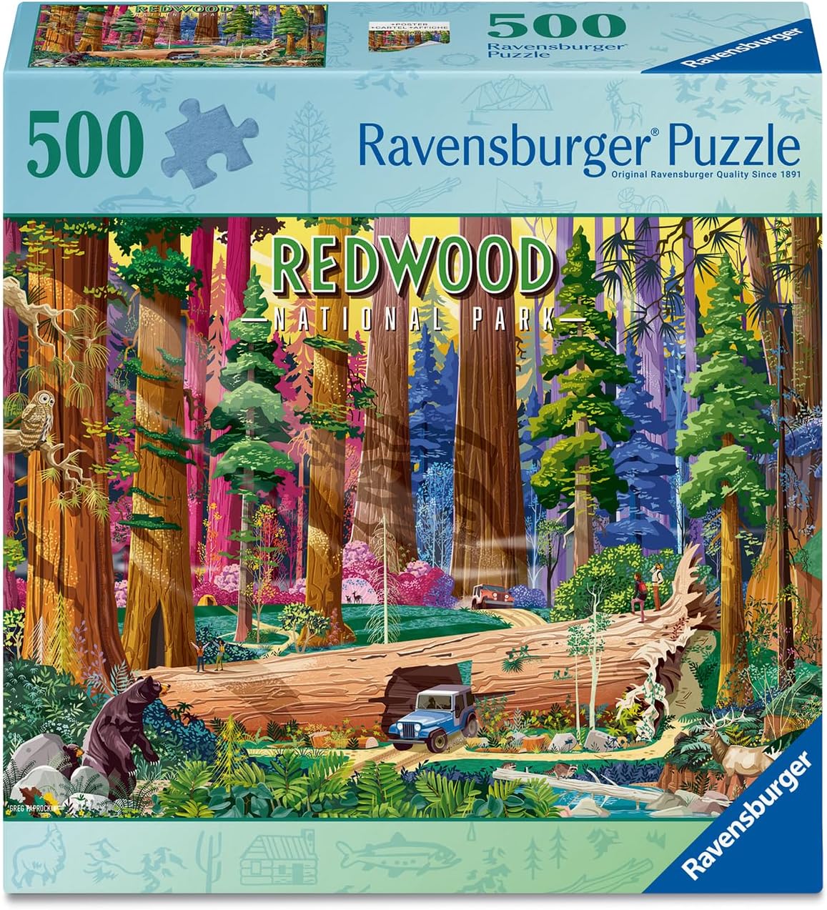 Ravensburger 500-piece puzzle box featuring Redwood National Park with colorful illustration of trees and nature.
