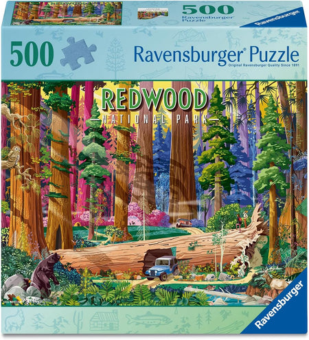 Ravensburger 500-piece puzzle box featuring Redwood National Park with colorful illustration of trees and nature.