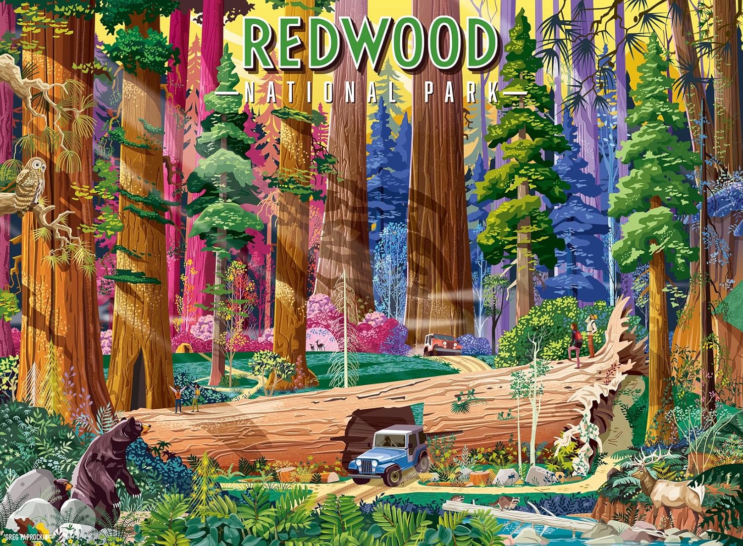 ravensburger redwood national park jigsaw puzzle featuring Colorful illustration of Redwood National Park with large trees and a jeep.