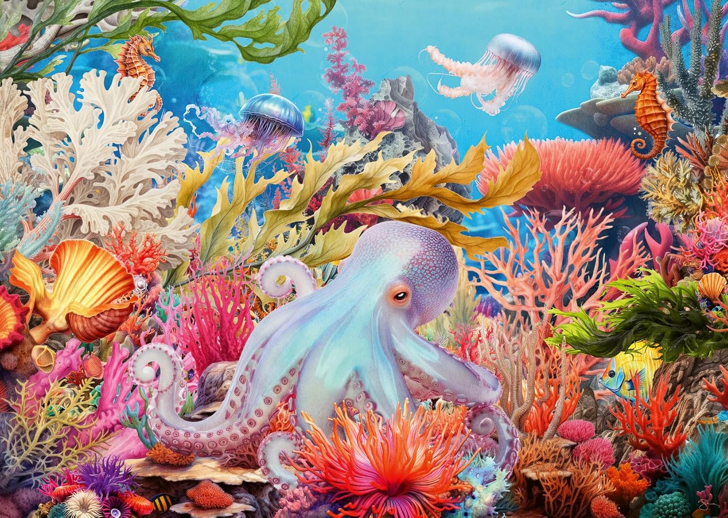 ravensburger reef life jigsaw puzzle of Vibrant underwater coral reef scene with a large pale blue octopus in the center, jellyfish floating above, seahorses, shells, and colorful coral in pink, orange, green, and yellow.