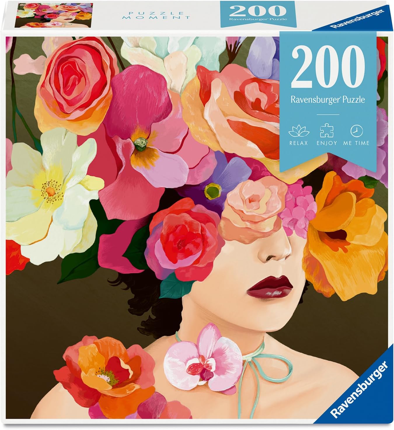 ravensburger rose jigsaw puzzle box of woman with flowers on her head and covering her face