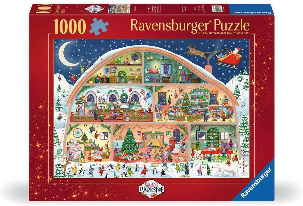 Ravensburger puzzle box with a festive design featuring Santa Claus and a house.
