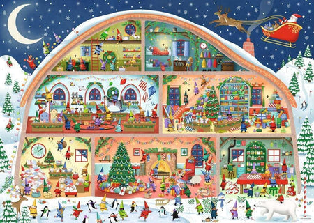 ravensburger santa's workshop jigsaw puzzle featuring Illustrated Christmas scene with a toy store and Santa's sleigh in the sky.