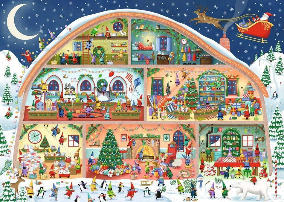 ravensburger santa's workshop jigsaw puzzle featuring Illustrated Christmas scene with a toy store and Santa's sleigh in the sky.