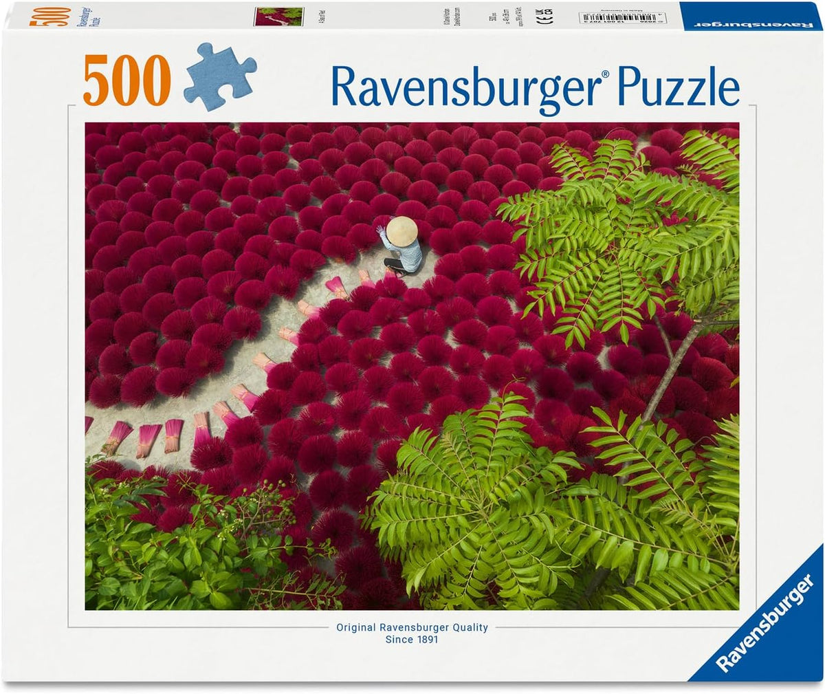 Ravensburger puzzle box with a scenic design of red flowers and green plants.