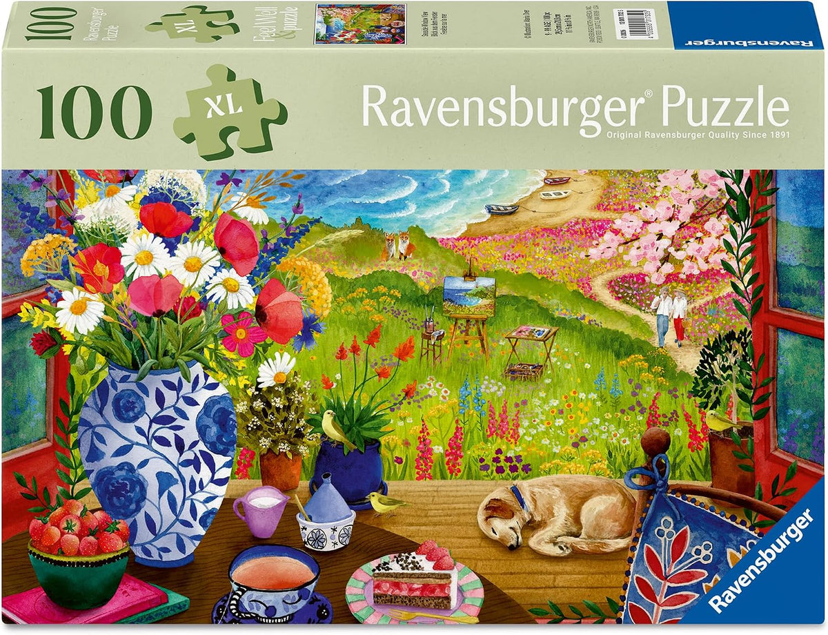 Ravensburger puzzle box with a colorful garden scene and flowers.