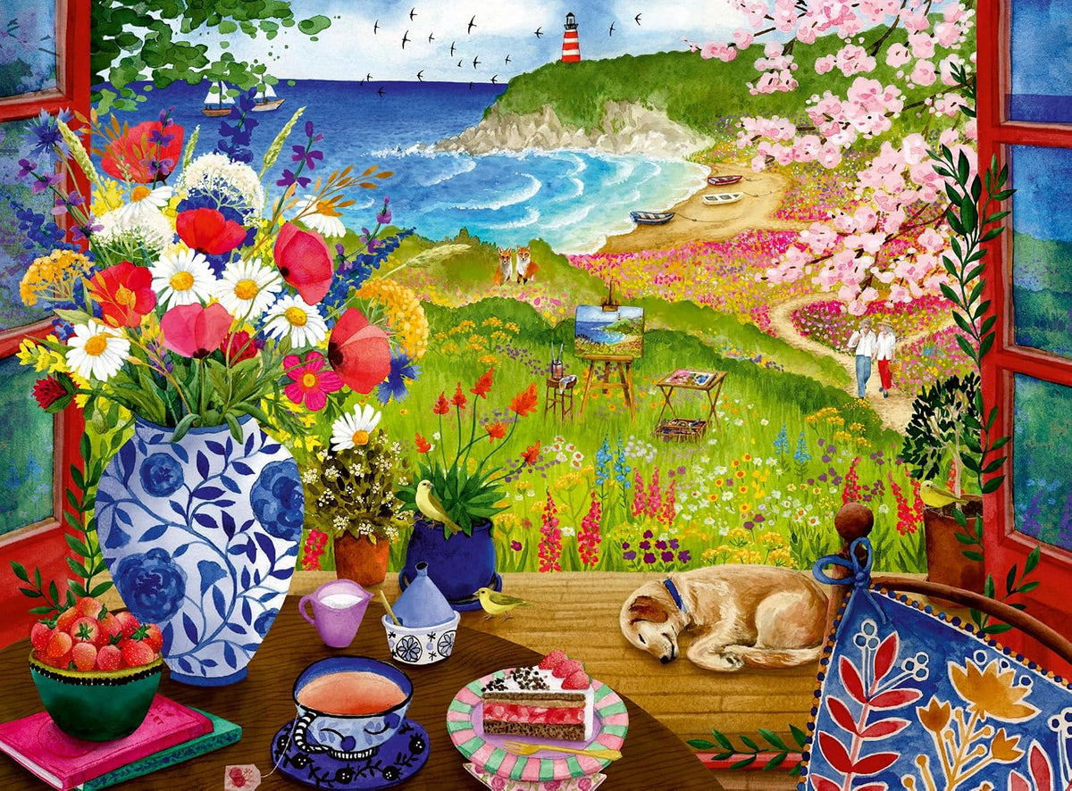 ravensburger seaside window view jigsaw puzzle in painting-style featuring a garden scene by the sea with flowers, a vase, and a dog.