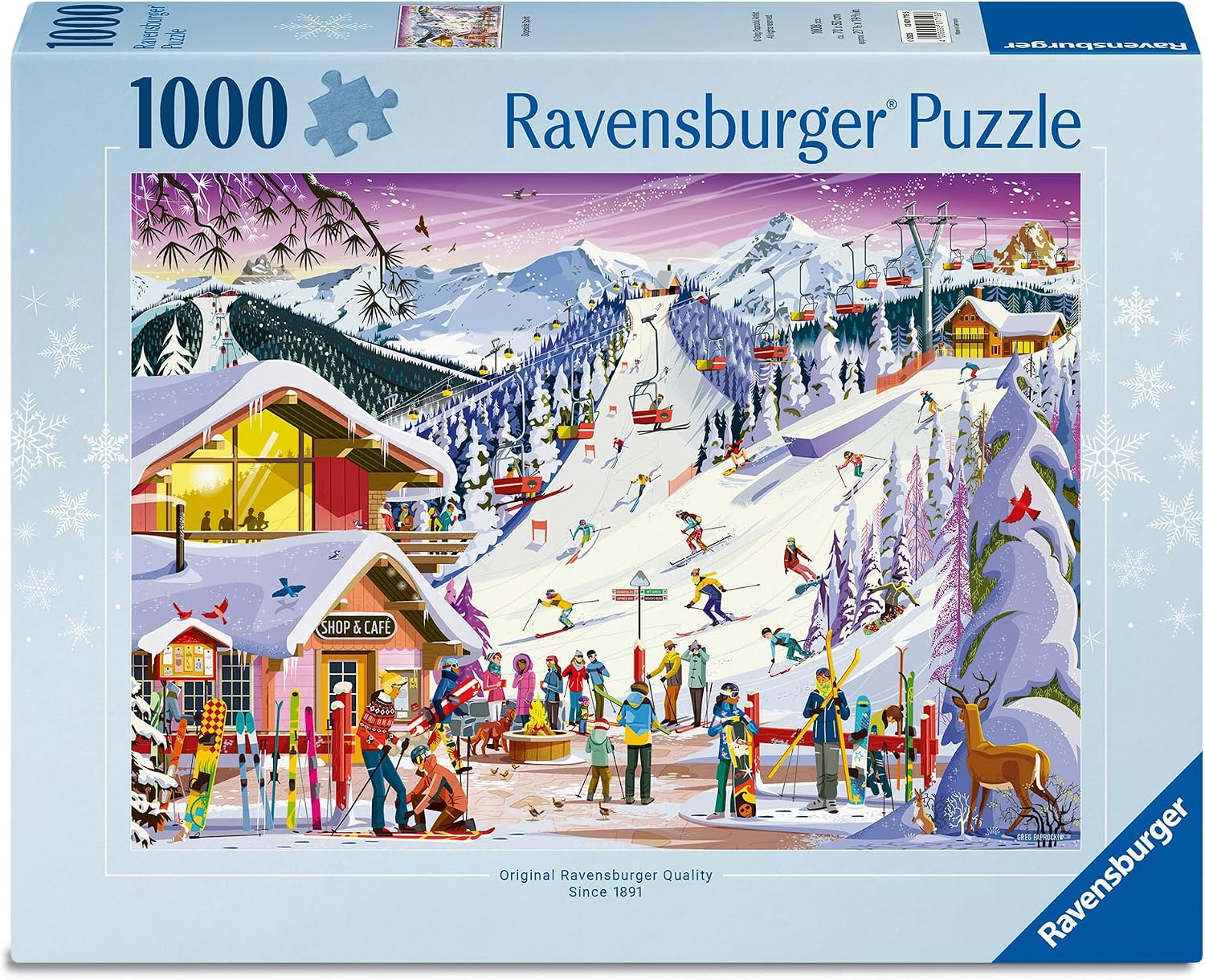 ravensburger slopeside spirit 1000-piece jigsaw puzzle box of ski lodge