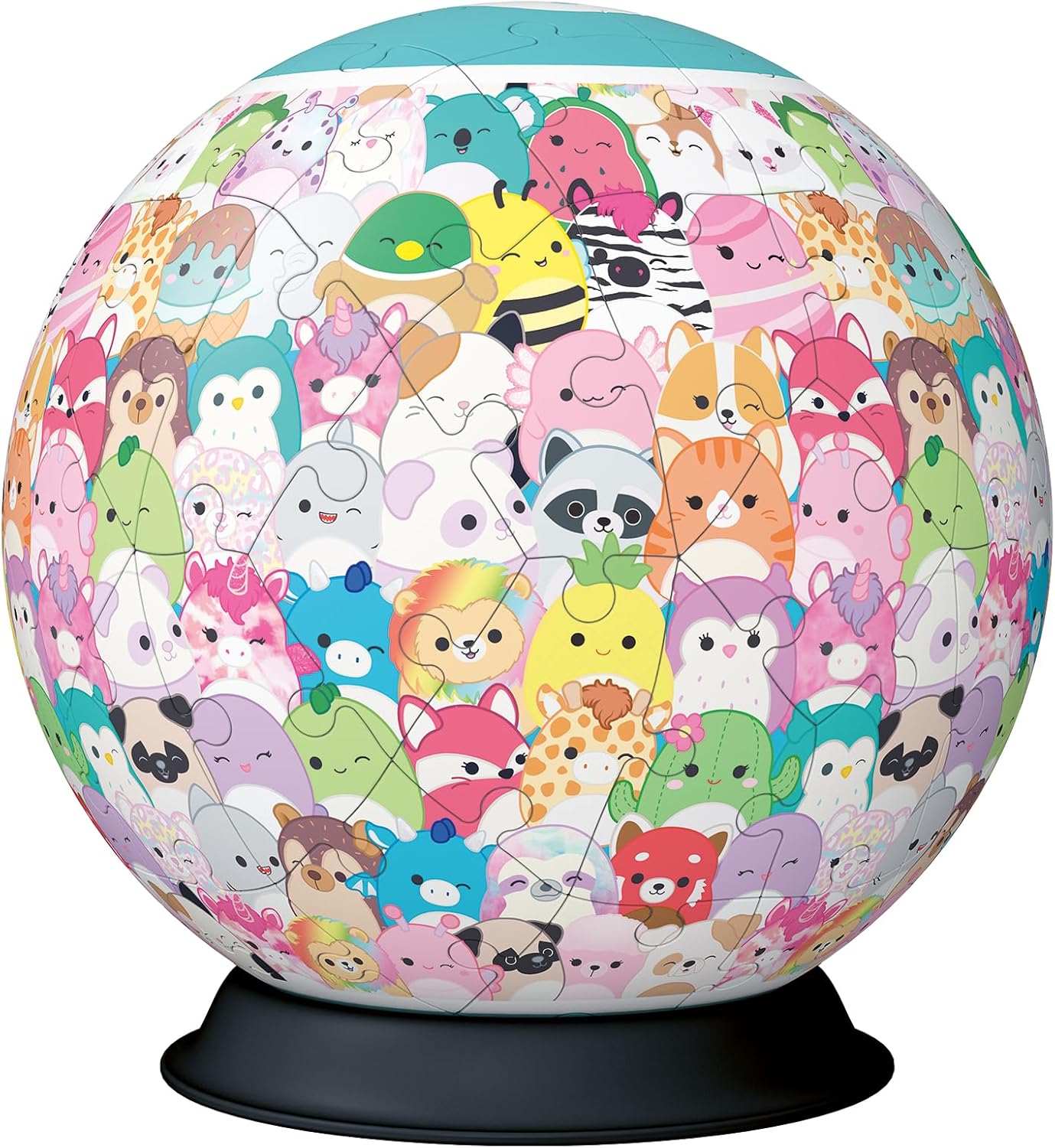 Globular 3D ravensburger squishmallows puzzle with colorful animal illustrations on a white background