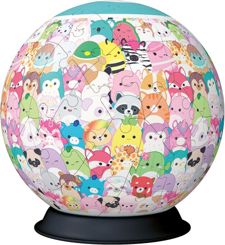Globular 3D ravensburger squishmallows puzzle with colorful animal illustrations on a white background