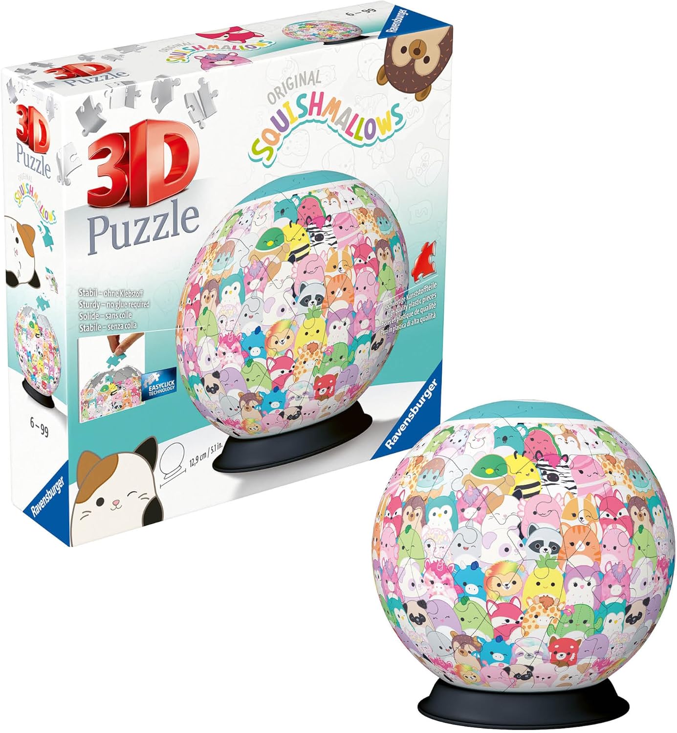 ravensburger Squishmallows 3D puzzle ball with packaging on a white background