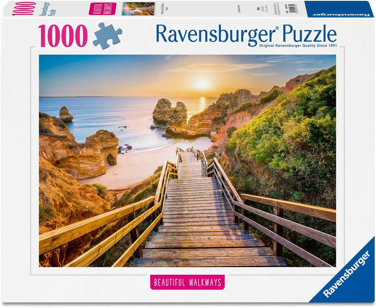 Ravensburger stairway to camilo beach, algarve jigsaw puzzle box with a scenic beach and staircase design.
